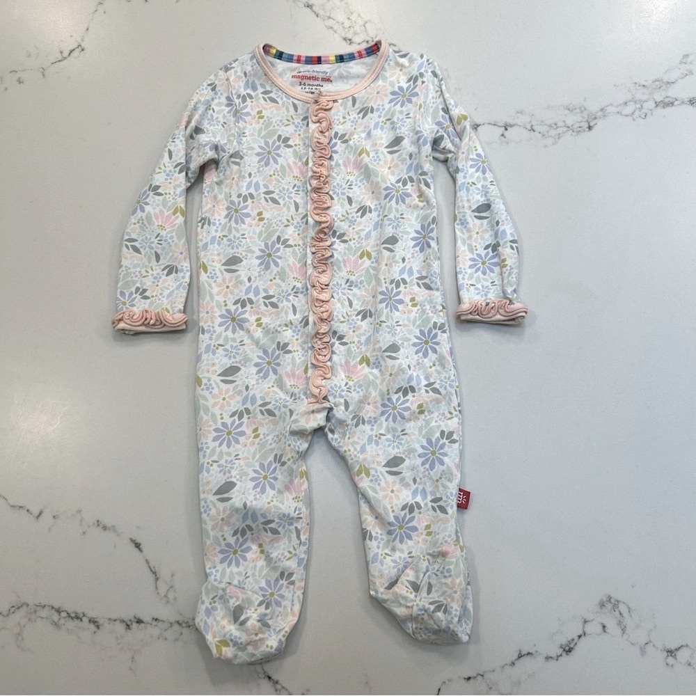 Magnetic Me Floral Ruffle Footie in White, Pink, Blue, Green